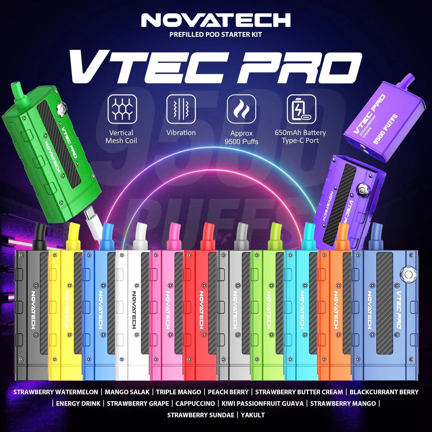 1 Pod = 15 Cans | 142,500 Puffs  VTEC Pro by Novatech – 5 Flavors Pack